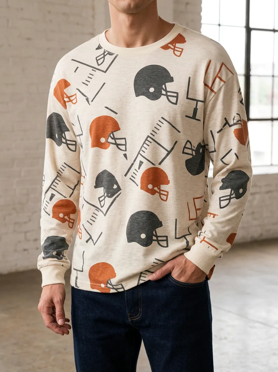 Men's Football Fan Helmet Goalpost Printed Long Sleeve Shirt