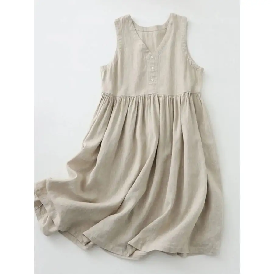 V-Neck Button Detail Sleeveless Midi Dress