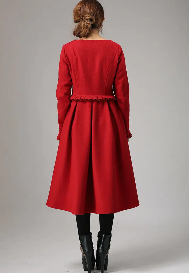 Wool Blend Pleated Ruffle Long Sleeve Maxi Dress