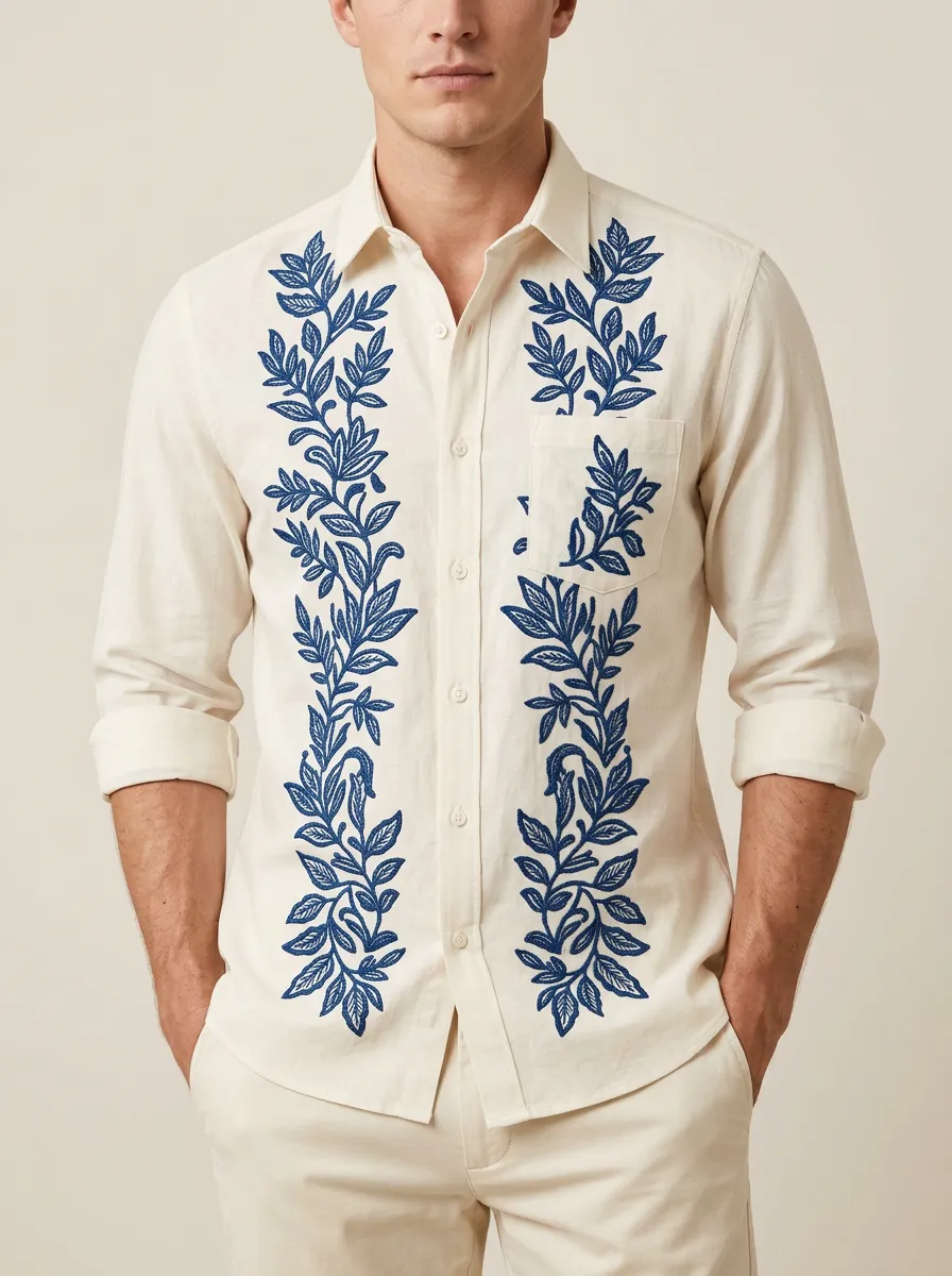 Men's Artful Linen Botanical Printed Shirt