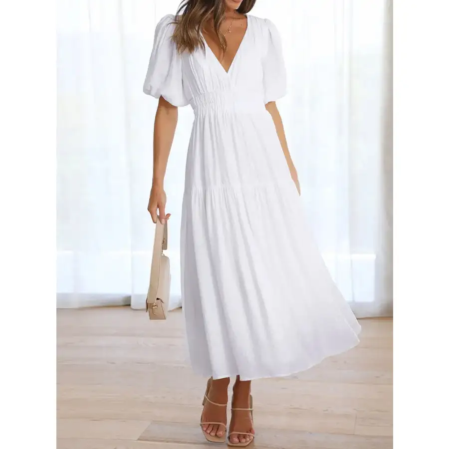 Neck V-Neck Puff Sleeve Midi Dress