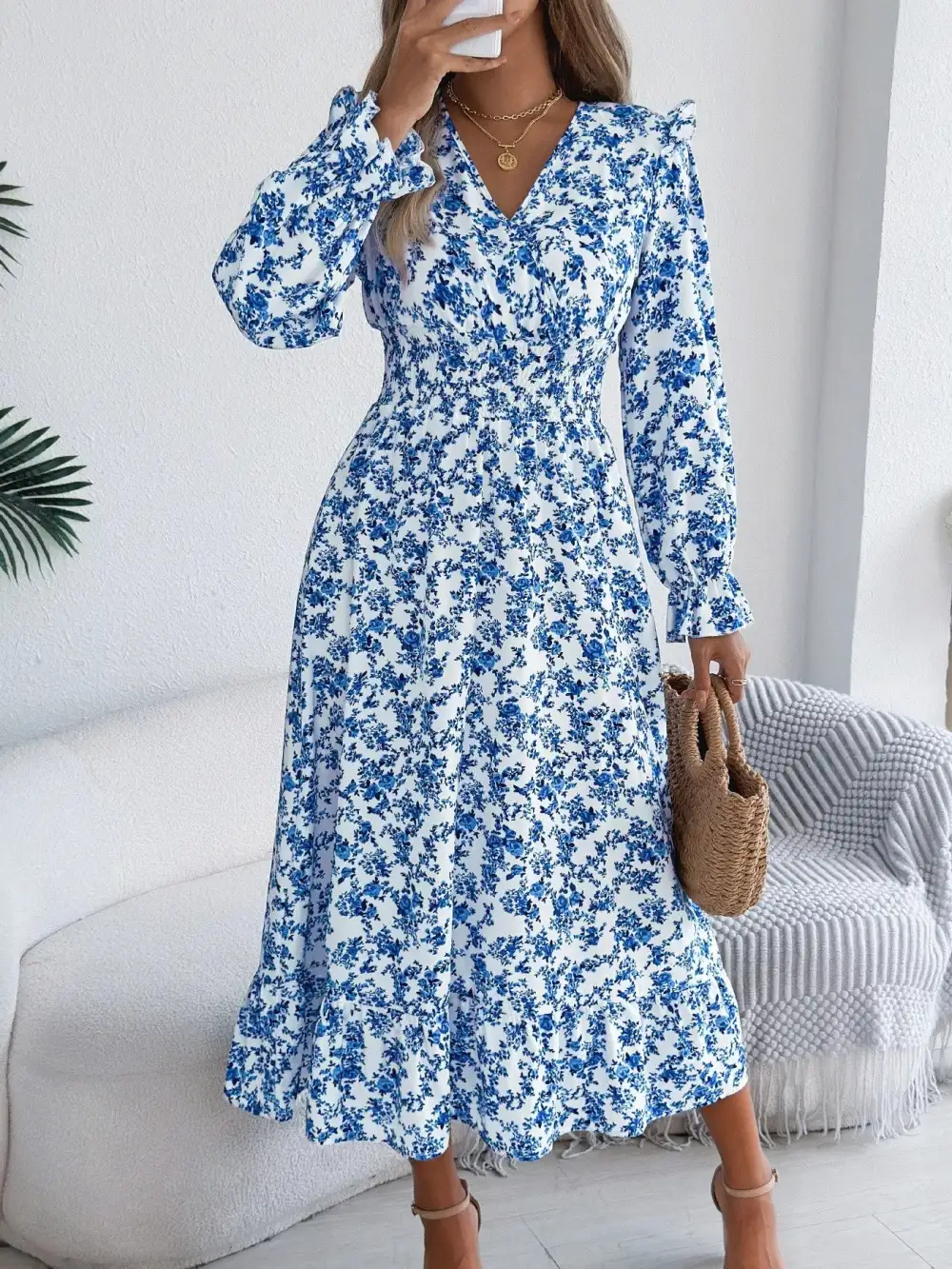Clean Line Floral V Neck Ruffle Dress