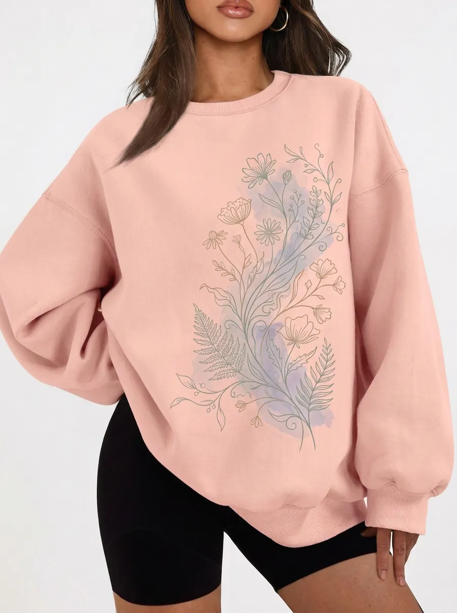 Women's Botanical Nature Lover Watercolor Floral Printed Sweatshirt