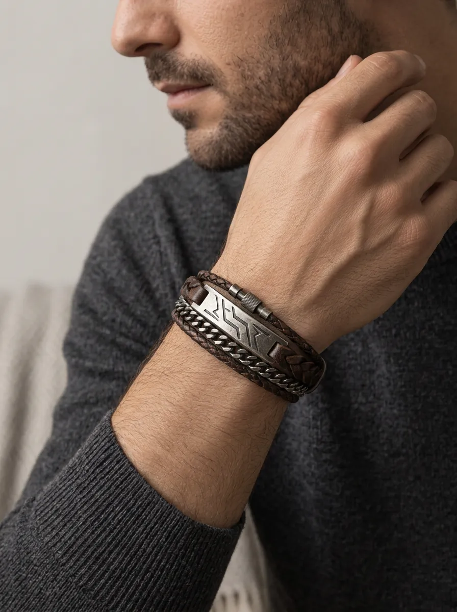 Men's Viking Rune Leather Stainless Steel Chain Bracelet