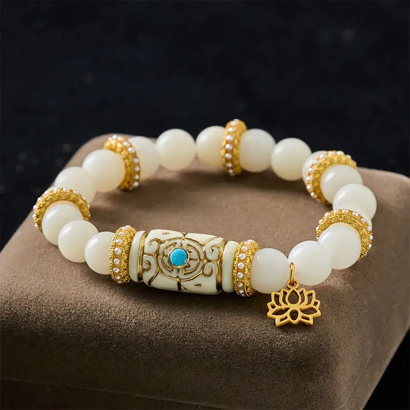 Bodhi Seed Resin Barrel Bead Lotus Round Bracelet