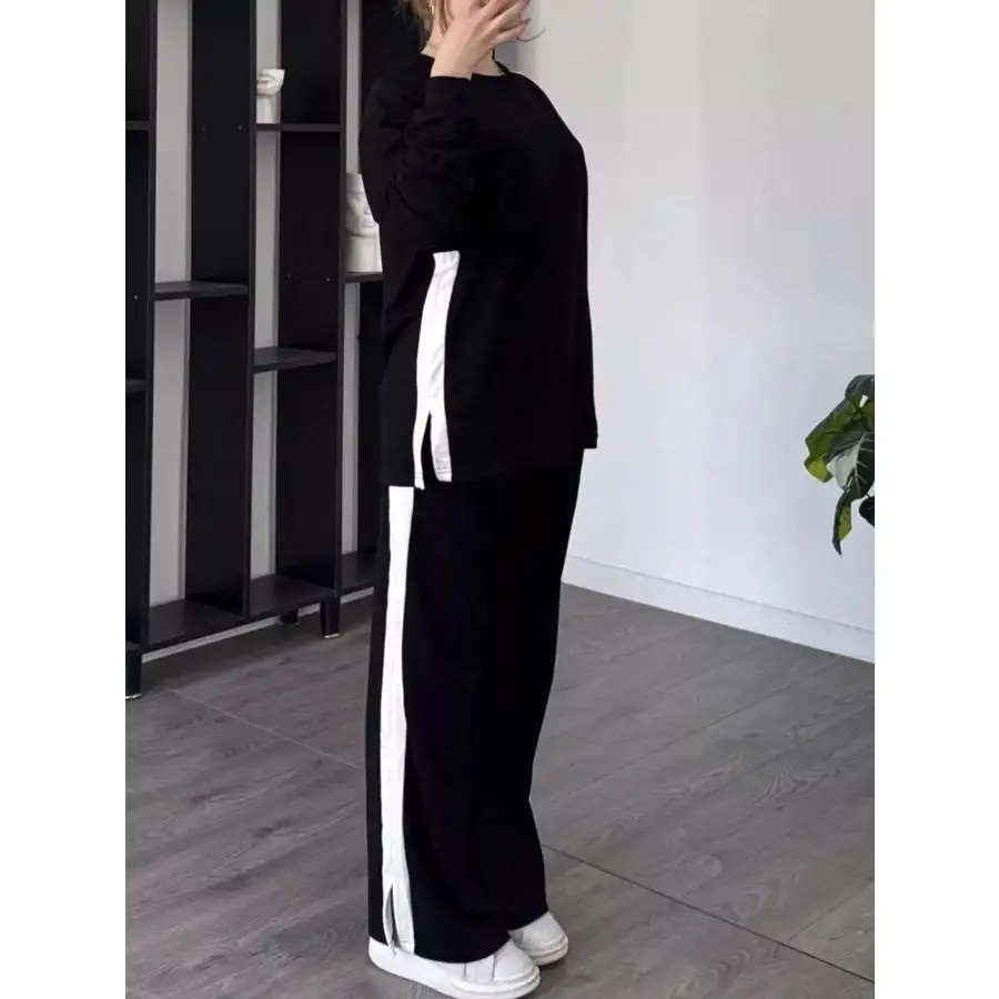 Everyday Contrast Round Neck Top and Pants Set