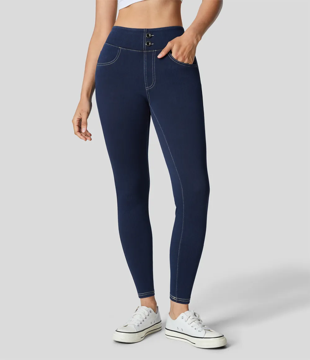 Magic Curvy High Waisted Decorative Button Multiple Pockets Stretchy Knit Denim Casual 7/8 Leggings
