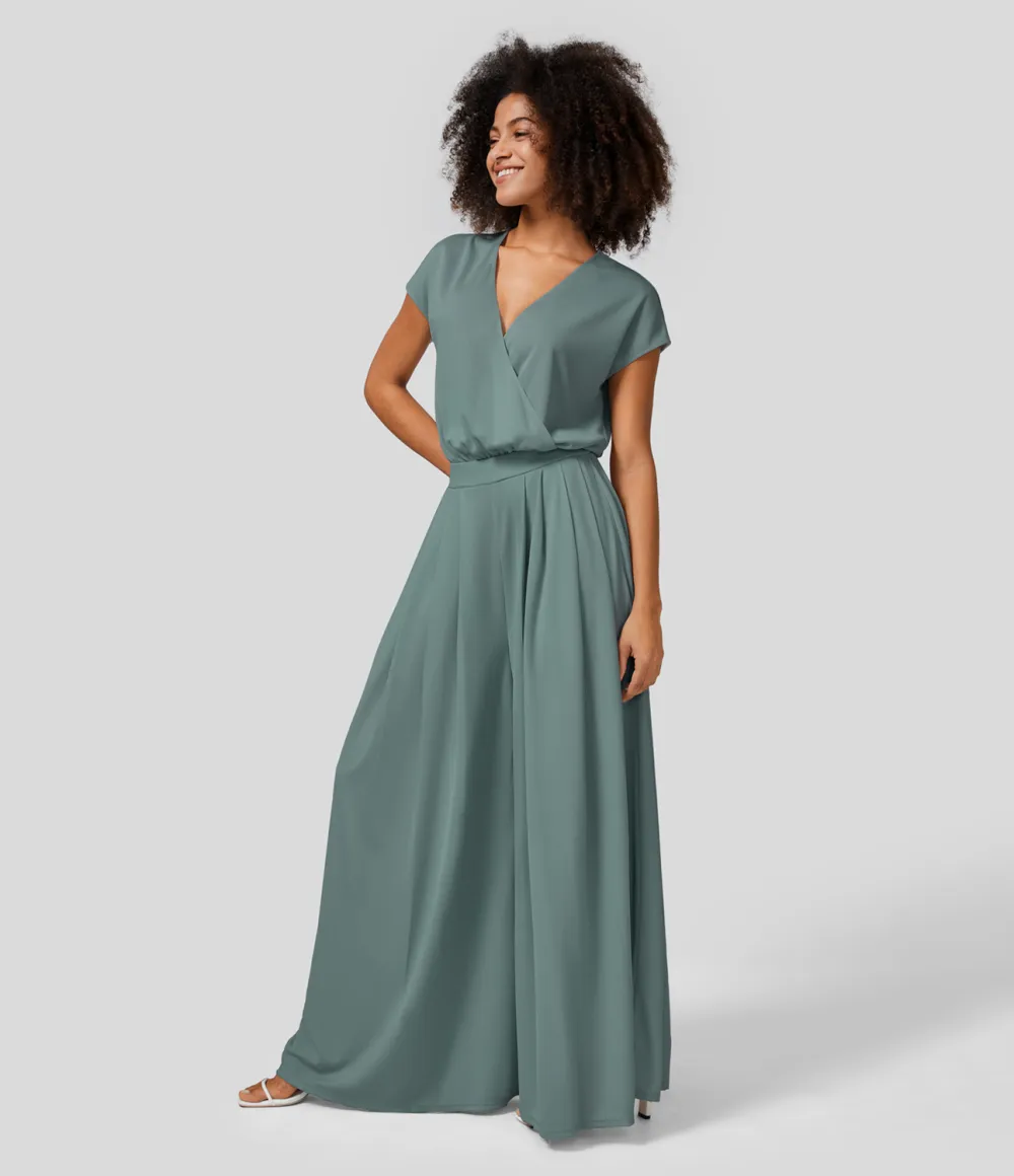 V Neck Short Sleeve Plicated Side Pocket Wide Leg Flowy Waffle Casual Jumpsuit