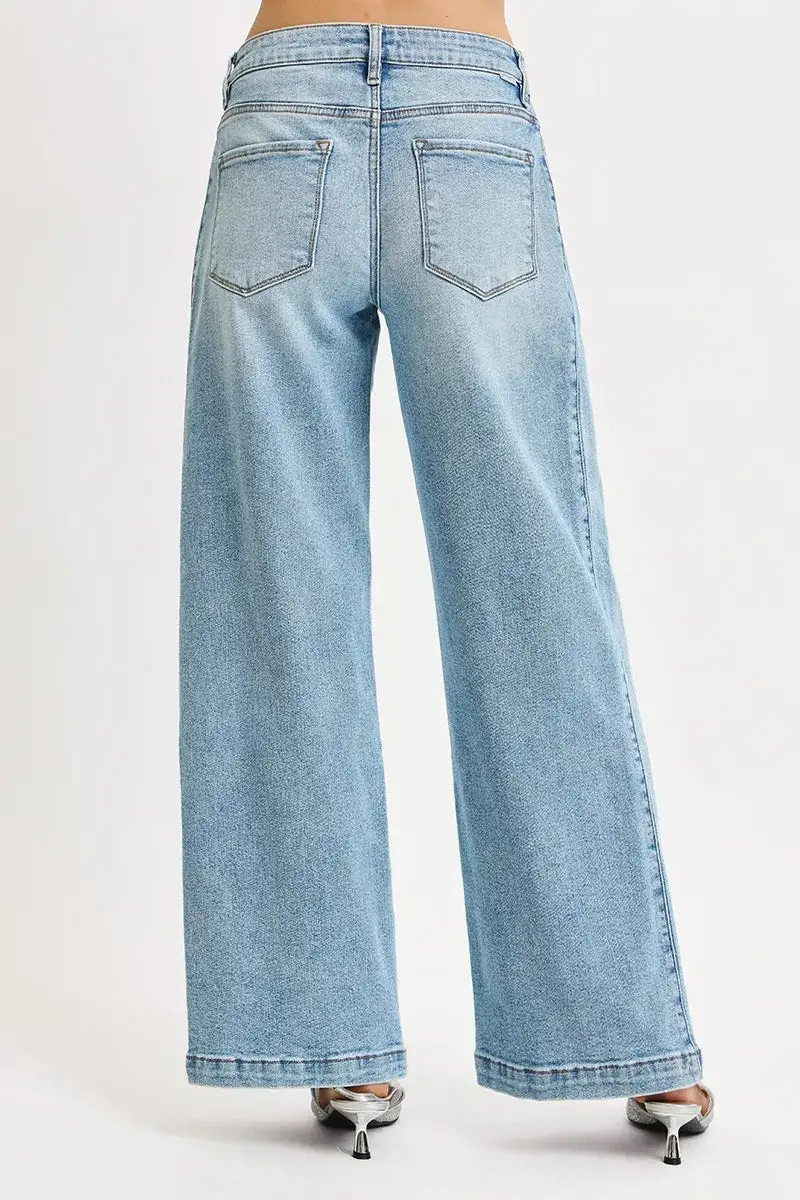 Polished Mid Rise Wide Leg Denim Jeans