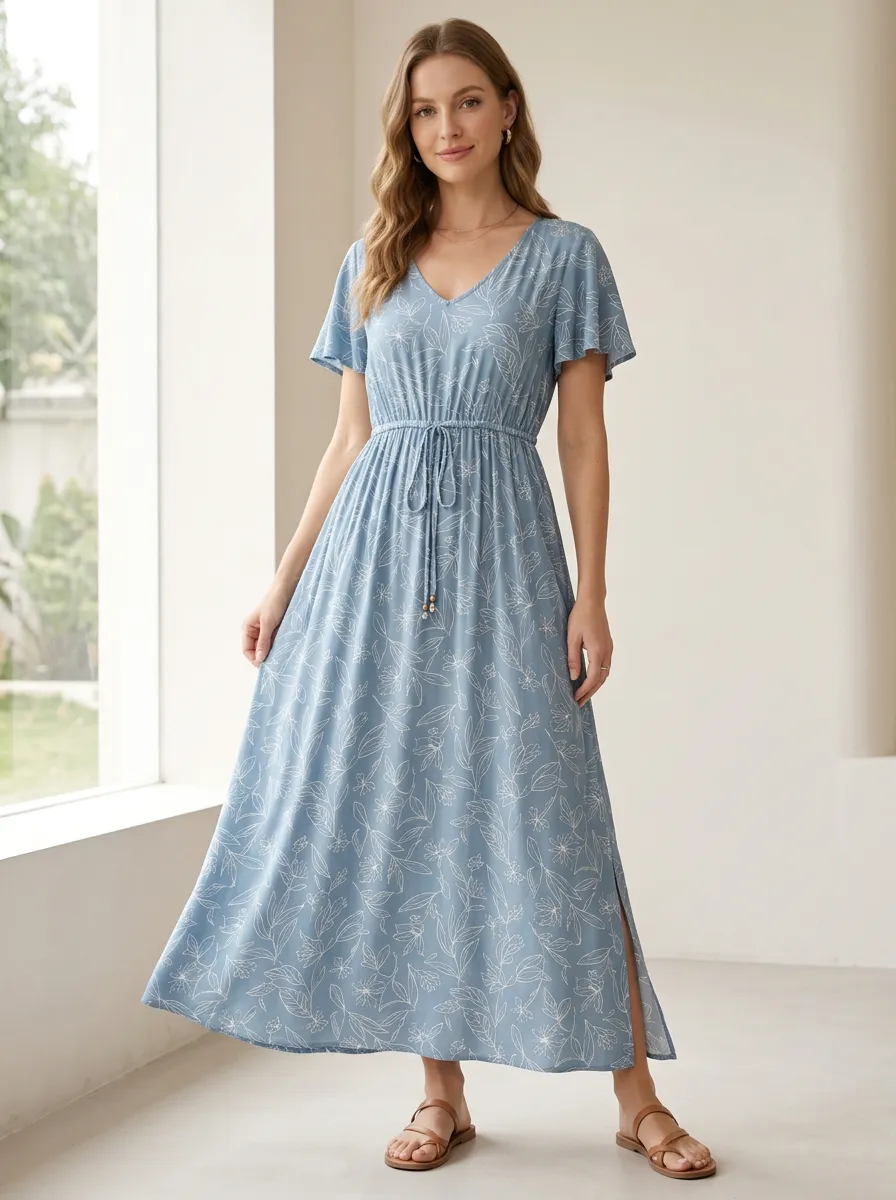Women's Botanical Leaf Relaxed Casual Printed Maxi Dress
