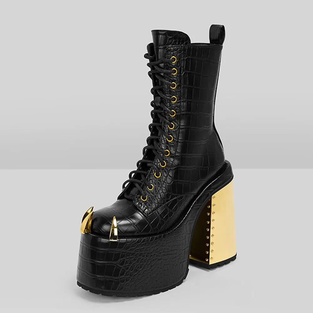 Faux-Leather Crocodile-Embossed Studded Lace-Up Ankle Boots