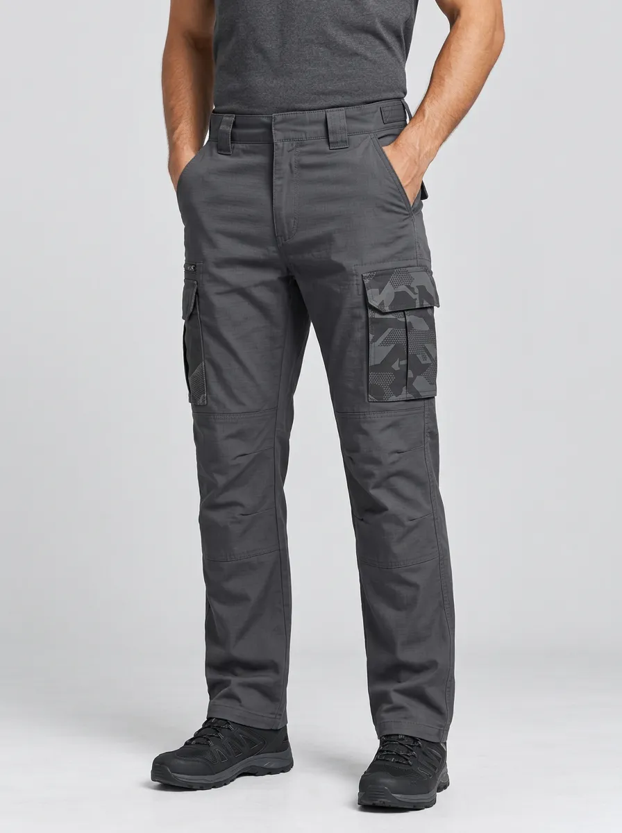 Men's Charcoal Grey Geometric Multi-Pocket Articulated Knee Tactical Cargo Pants