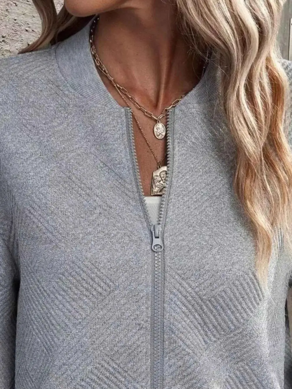 Plus Size Zip-Up Long Sleeve Textured Jacket