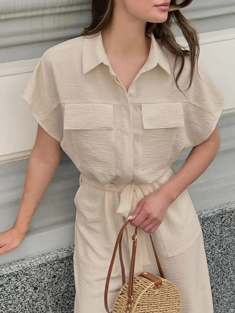 Chest Pocket Short Sleeve Wide Leg Shorts