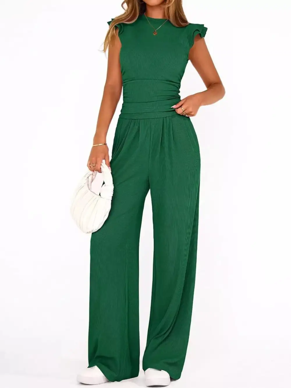 Ruffled Mock Neck Top and Wide Leg Pants Set