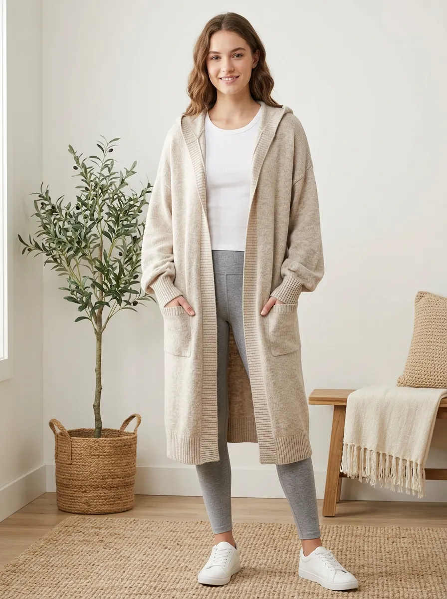 Women's Hooded Open-Front Knit Cardigan Longline