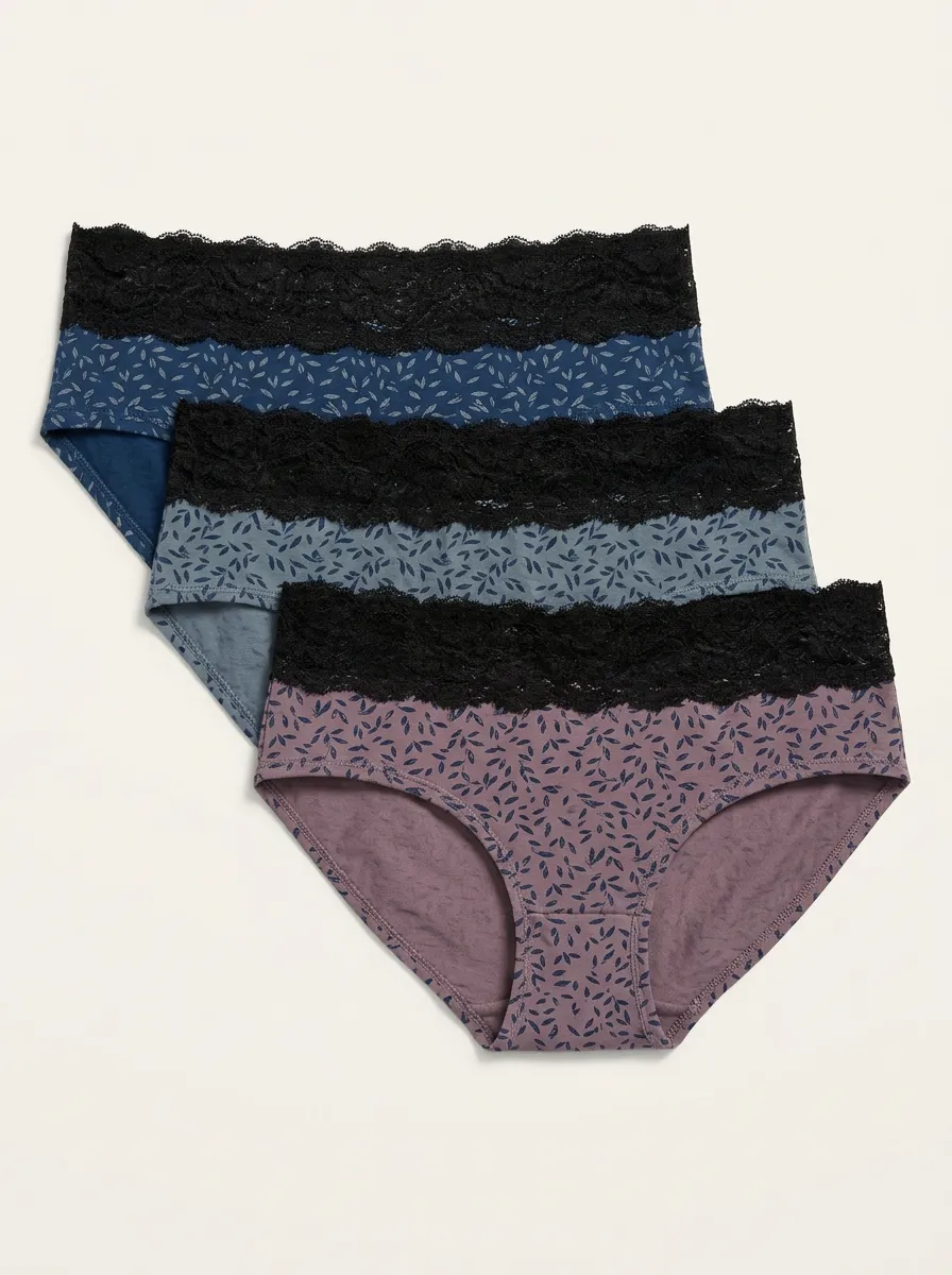 Women's Three-Pair Leaf Print Lace-Trim Hipster Set