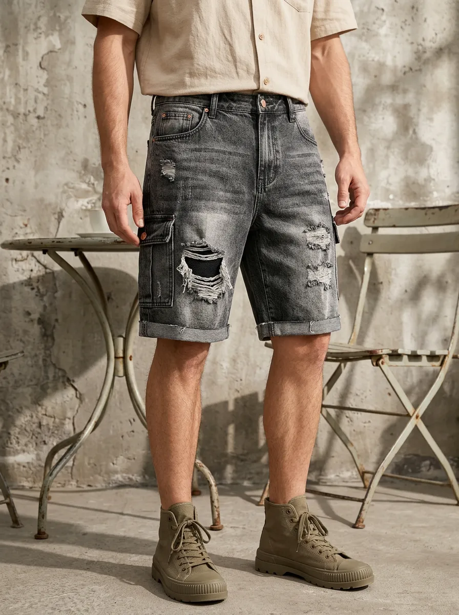Men's Washed Five Pocket Cargo Denim Shorts