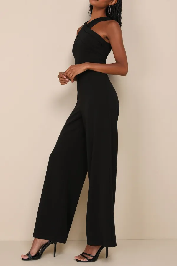 Casual Style Black Cross-Front Wide-Leg Jumpsuit