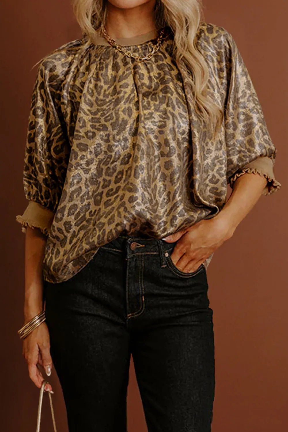 Gold Half Sleeve Metallic Leopard Blouse