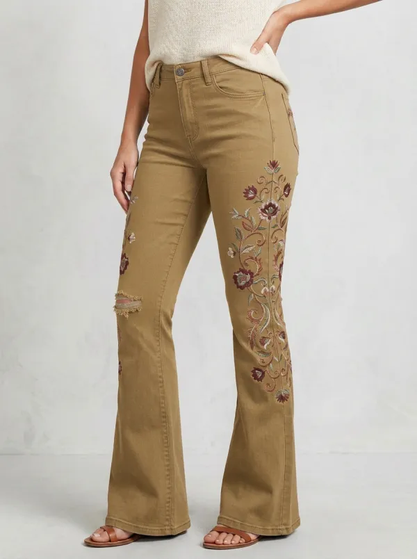 Women's Dark Wash Floral Embroidery Distressed Flare Jeans