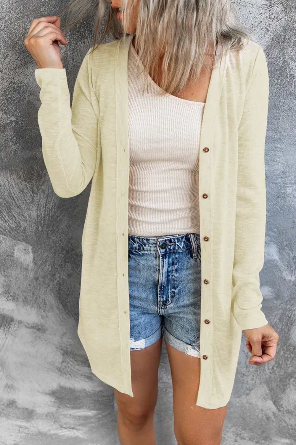 Solid Open-Front Buttons Cardigan