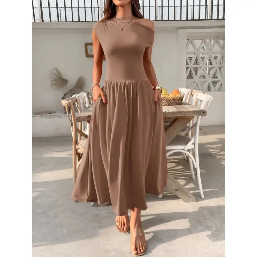 Single Shoulder Midi Dress with Pockets