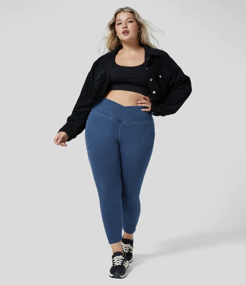Magic Crossover Side Pocket Washed Stretchy Knit Denim Work Plus Size Leggings