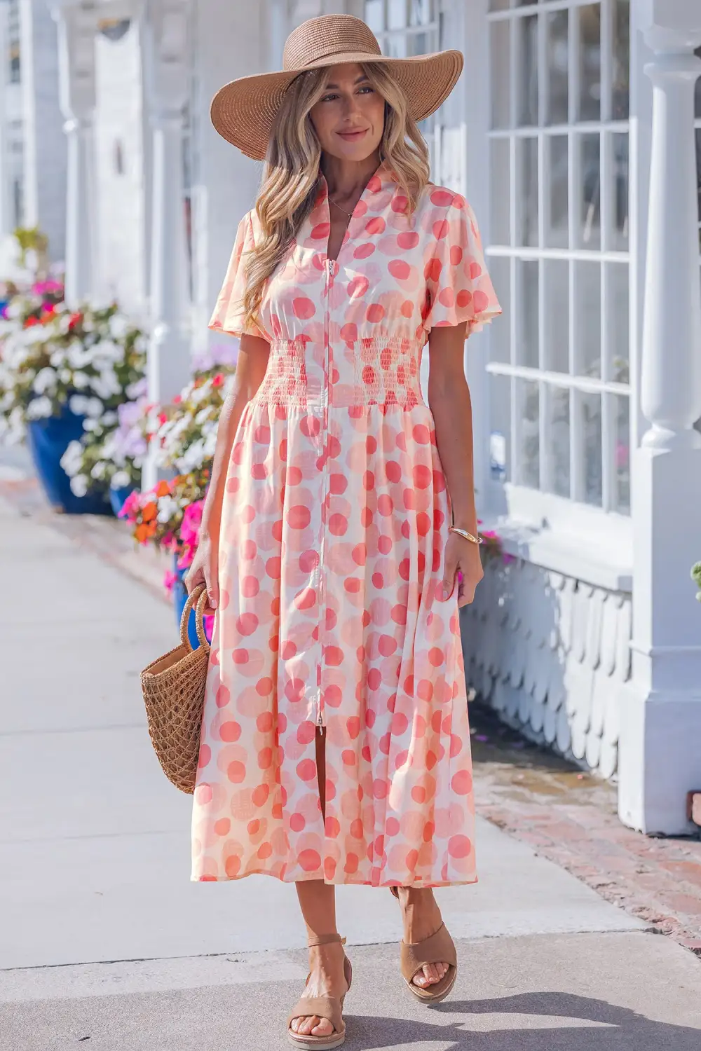 Polka Dot Printed Zip Front Dress Casual