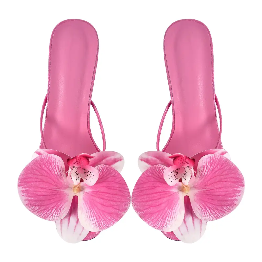 Flower Round Toe Clear Heel Thong Mule Sandals
