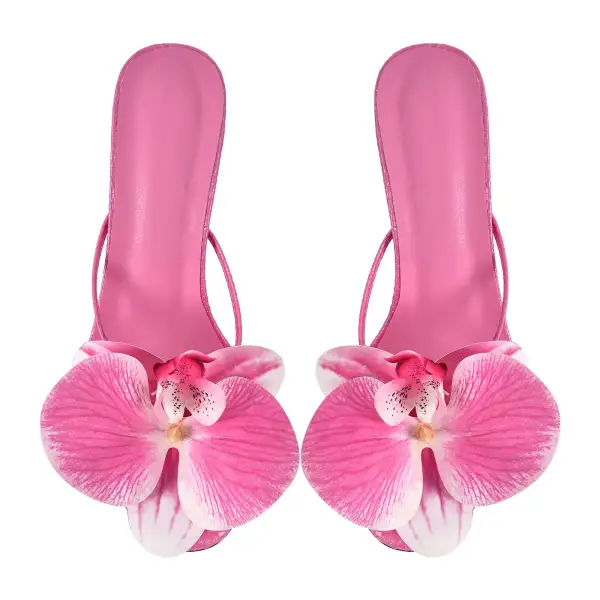 Flower Round Toe Clear Heel Thong Mule Sandals