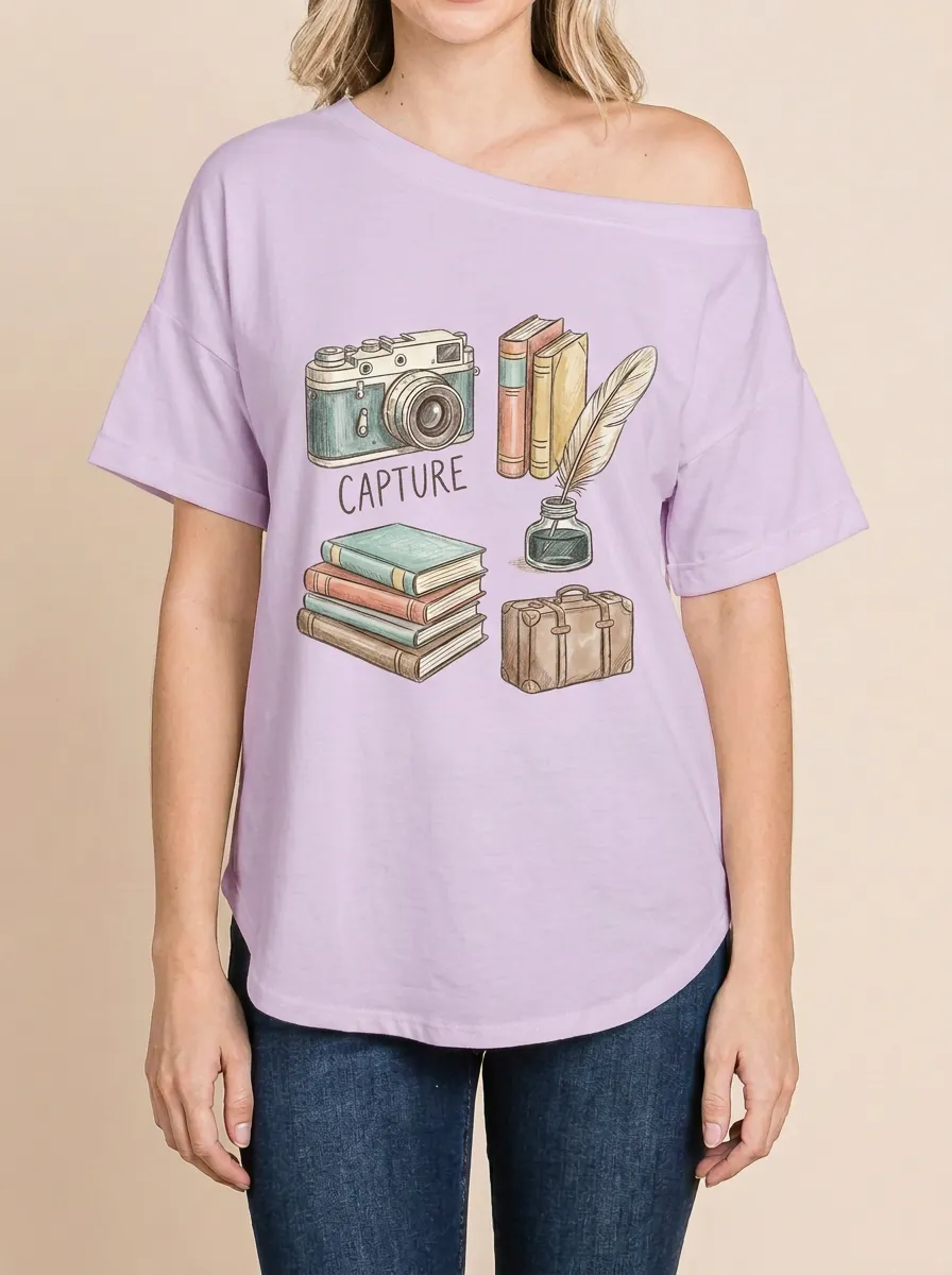 Women's Writer Photographer Capture Books Quill Graphic T-Shirt