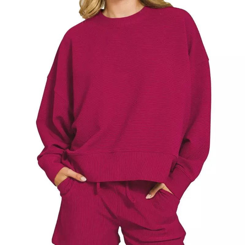 Ribbed Round Neck Pullover and Shorts Set