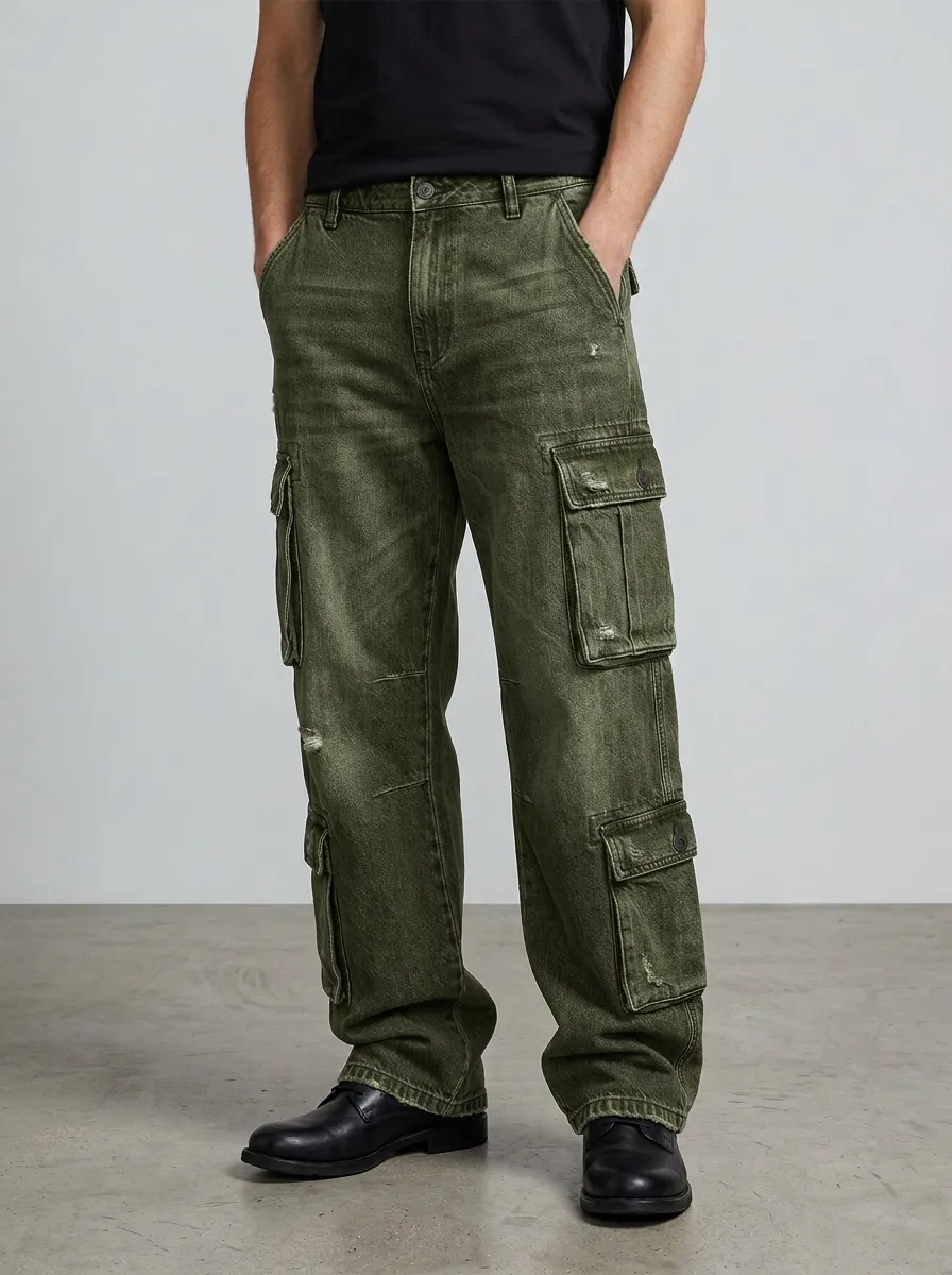 Men's Streetwear Distressed Washed Black Cargo Jeans