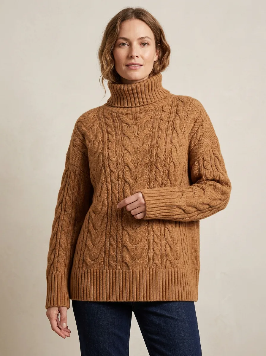 Women's Ribbed Long-Sleeve Cable-Knit Turtleneck Sweater
