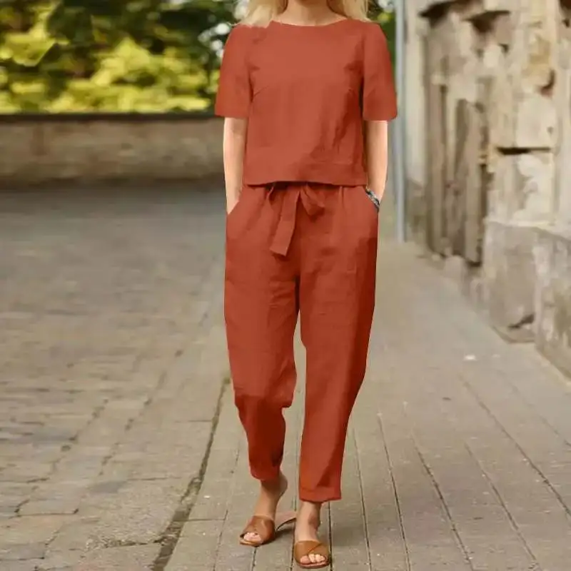  Polished Linen Tie Waist Jumpsuit Set