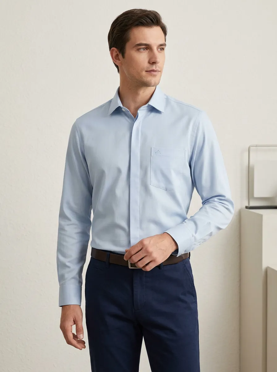 Men's Non-Iron Cotton Light Blue Embroidered Logo Dress Shirt