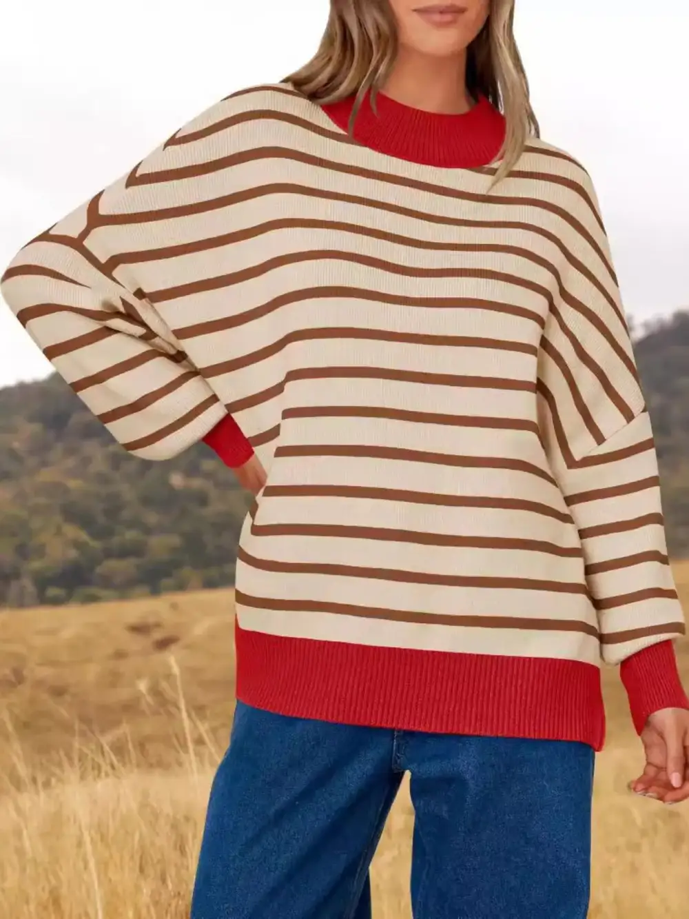 Modern Long Sleeve Round Neck Striped Sweater