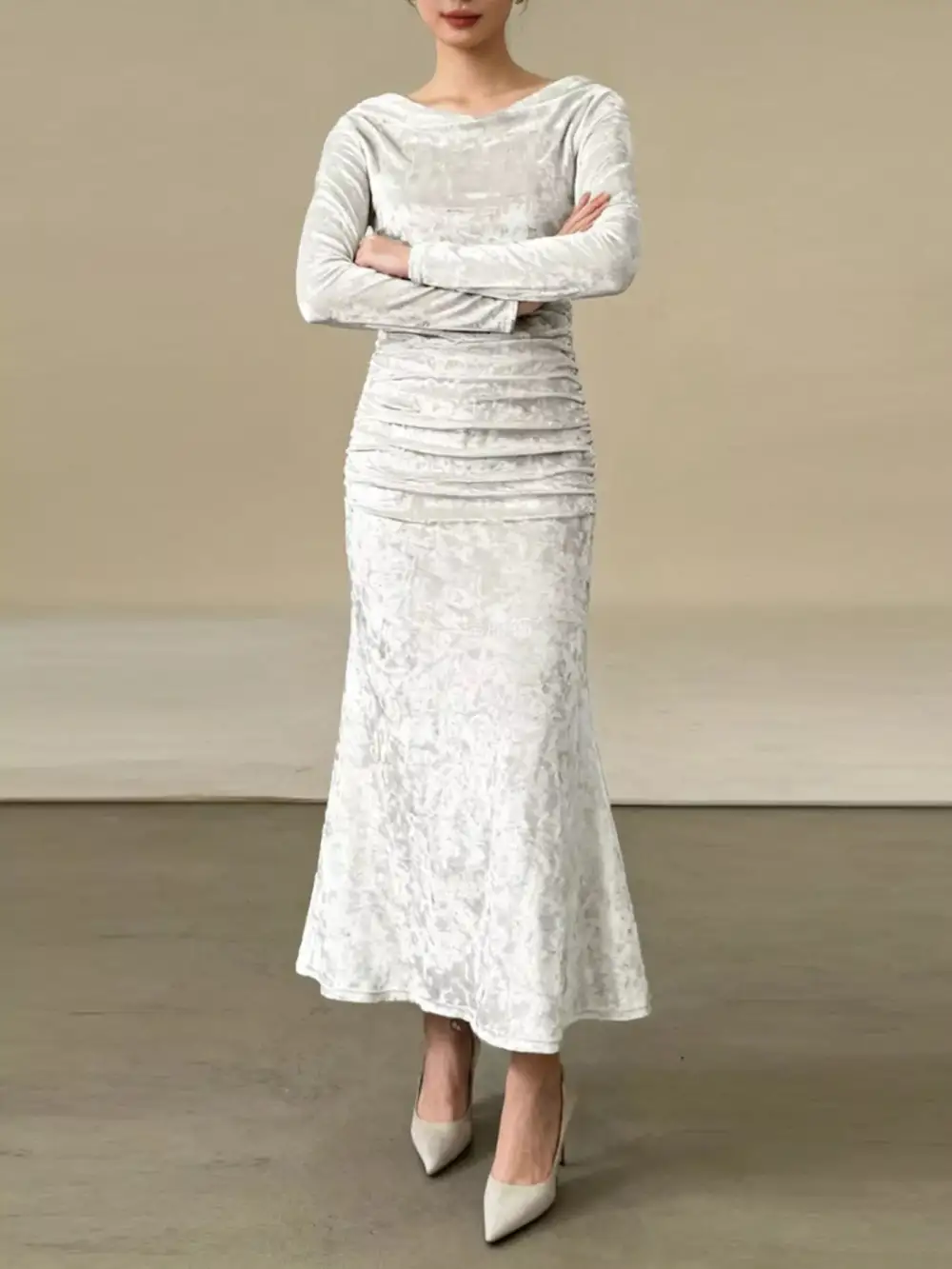 Clean Line Velvet Ruched Midi Dress