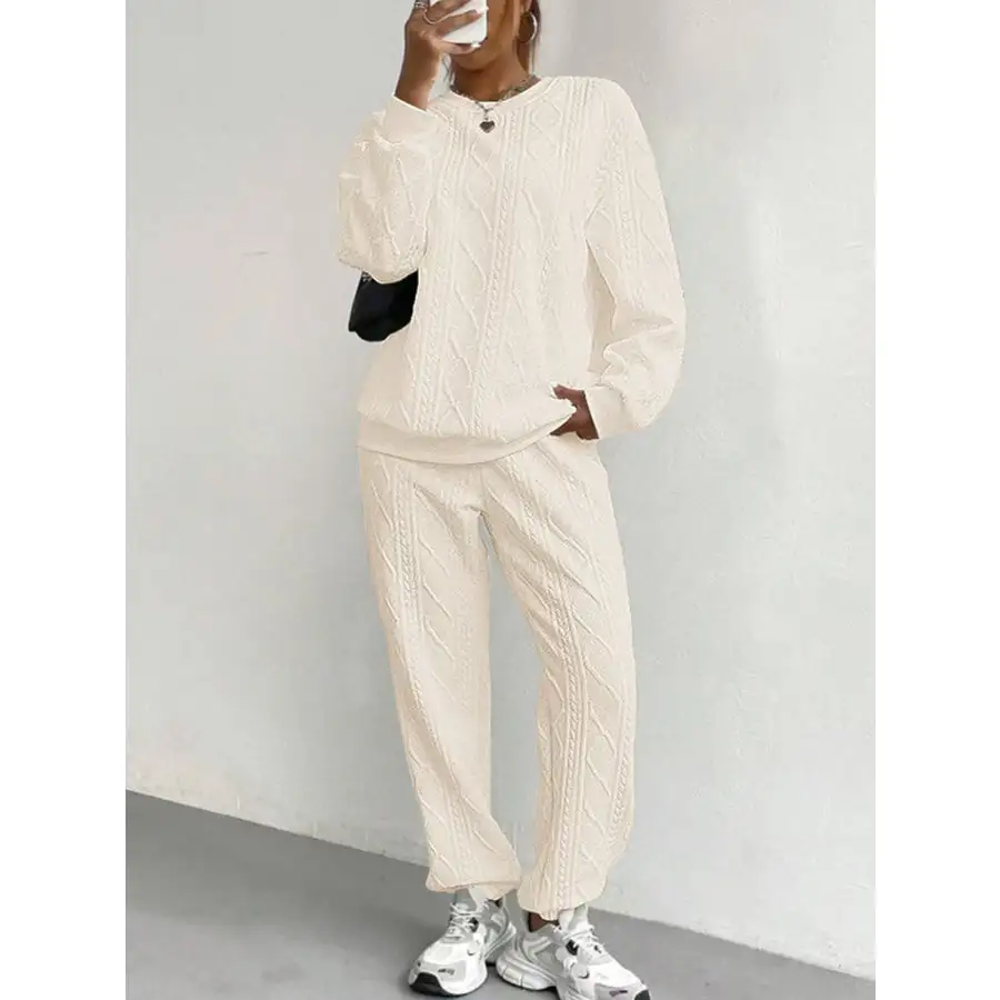 Relaxed Texture Round Neck Top and Pants Set