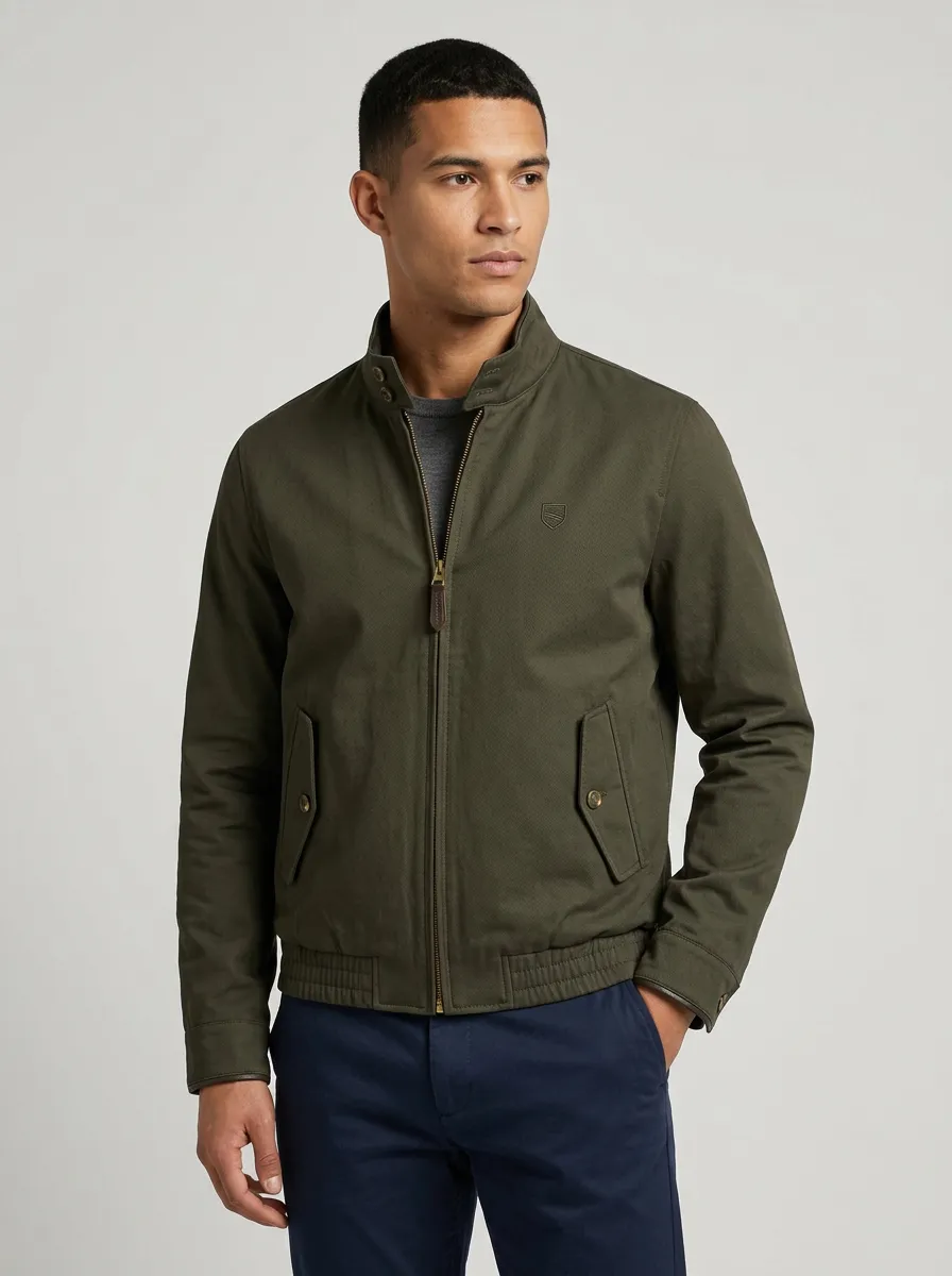 Men's Casual Olive Green Stand Collar Zip-up Bomber Jacket