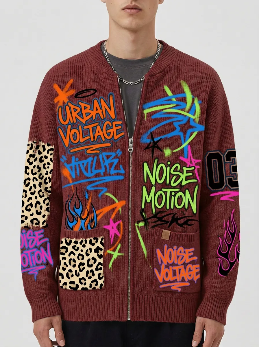 Men's Streetwear Graffiti Leopard Print Patterned Zip-up Cardigan