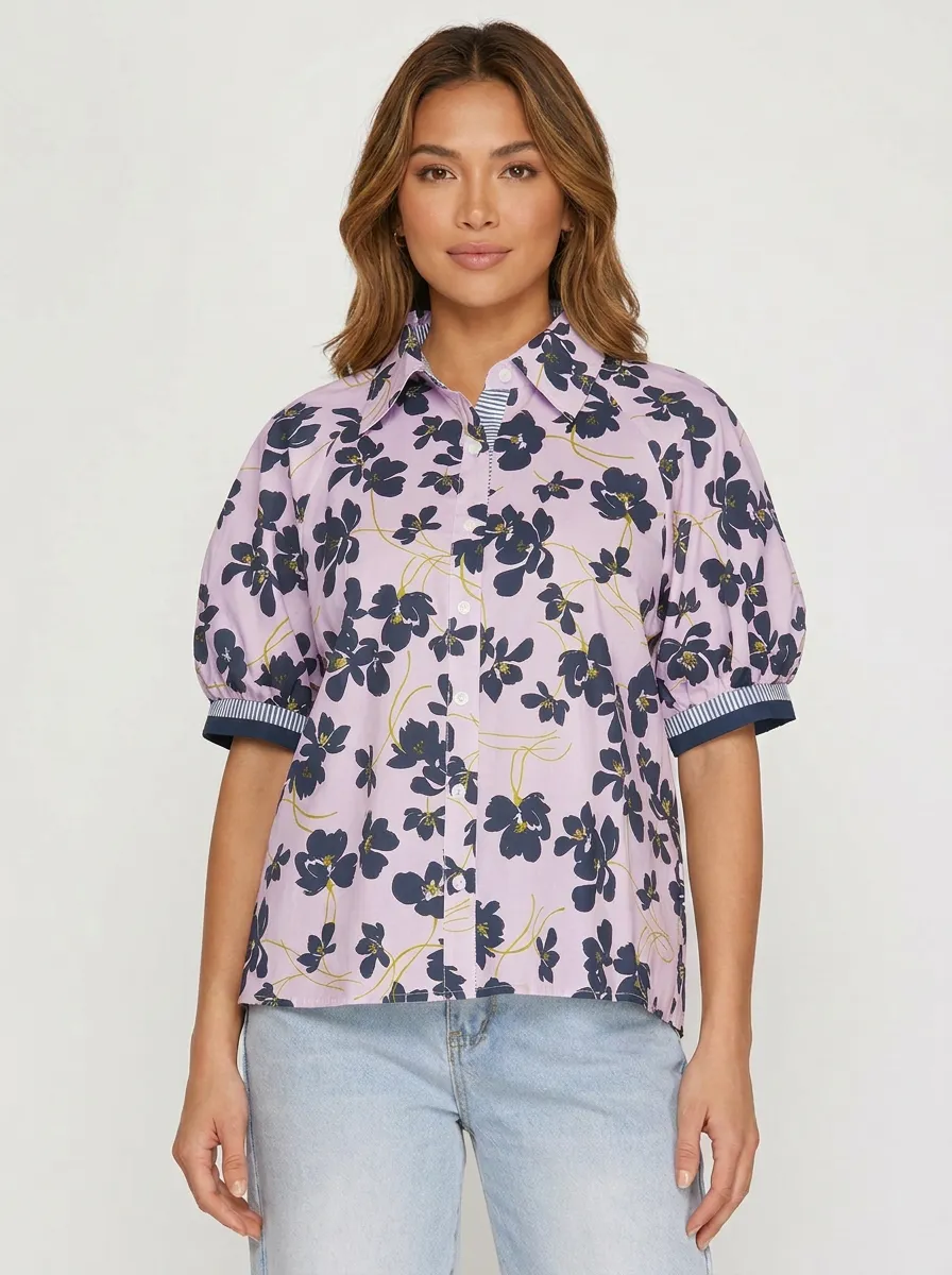 Women's Floral Pattern Navy Blue Flower Graphic Puff Sleeve Shirt