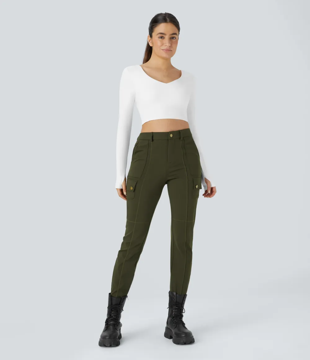 High Waisted Button Zipper Multiple Pockets Solid Skinny Cargo Pants