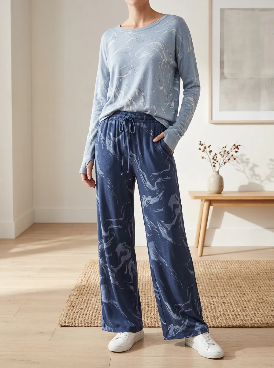 Women's Lounge Marble Pattern Patterned Long Sleeve Wide Leg Pants Set