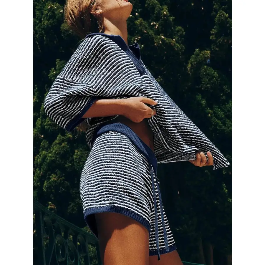 Collared Neck Contrast Striped Top and Shorts Sweater Set