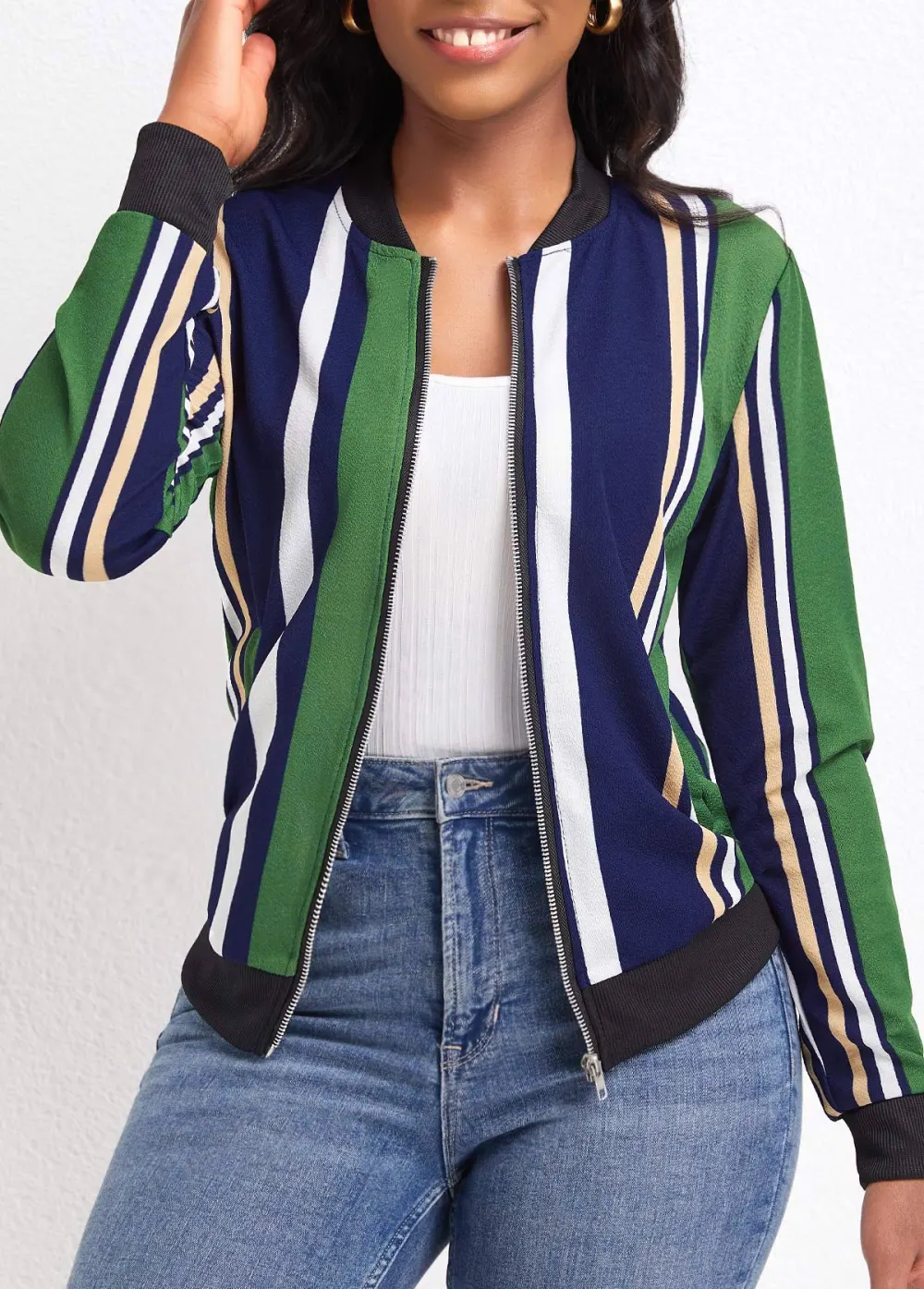 Green Pocket Multi Stripe Print Long Sleeve Coat