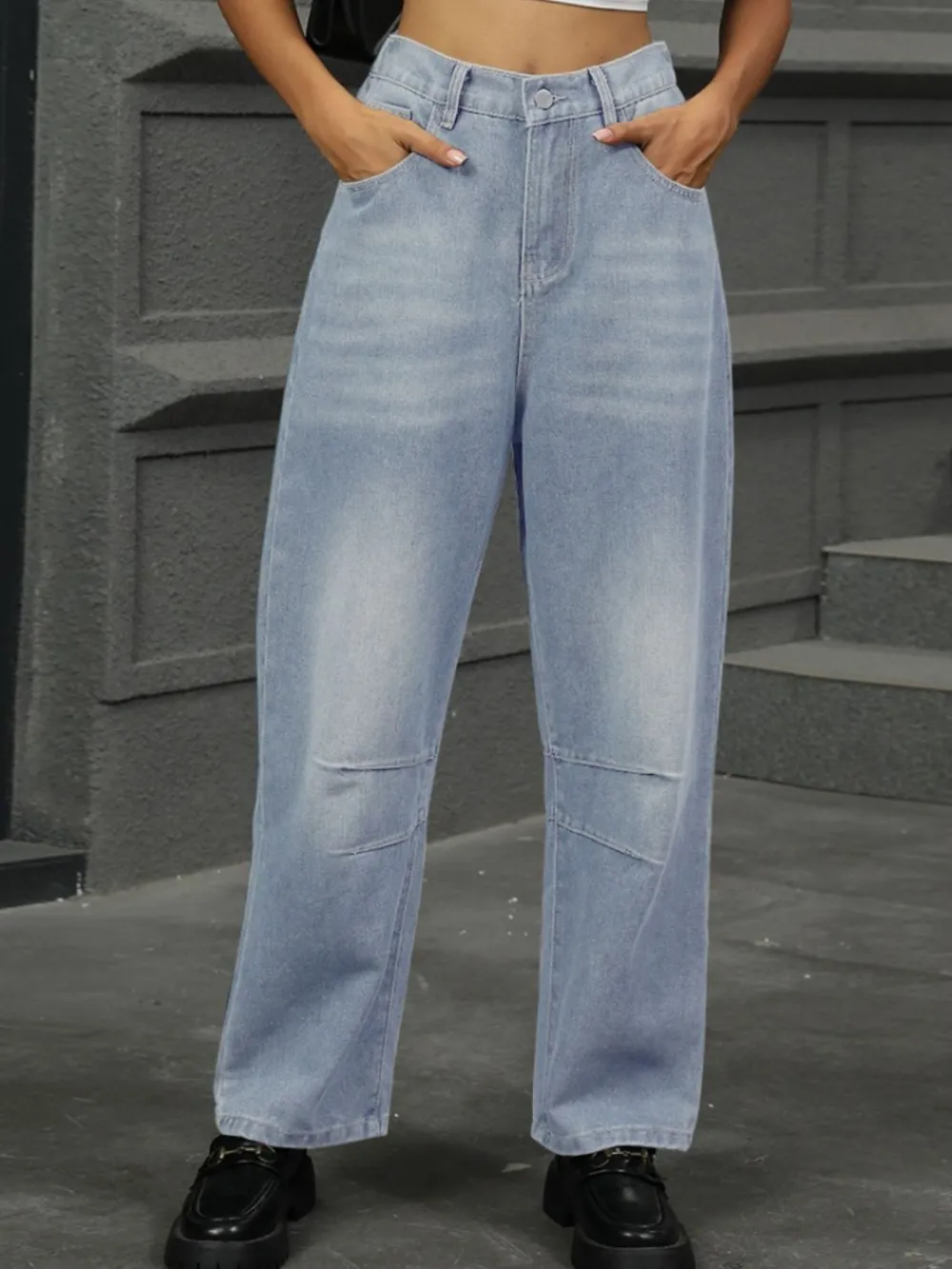 Straight Leg Elastic Waist Denim Jeans