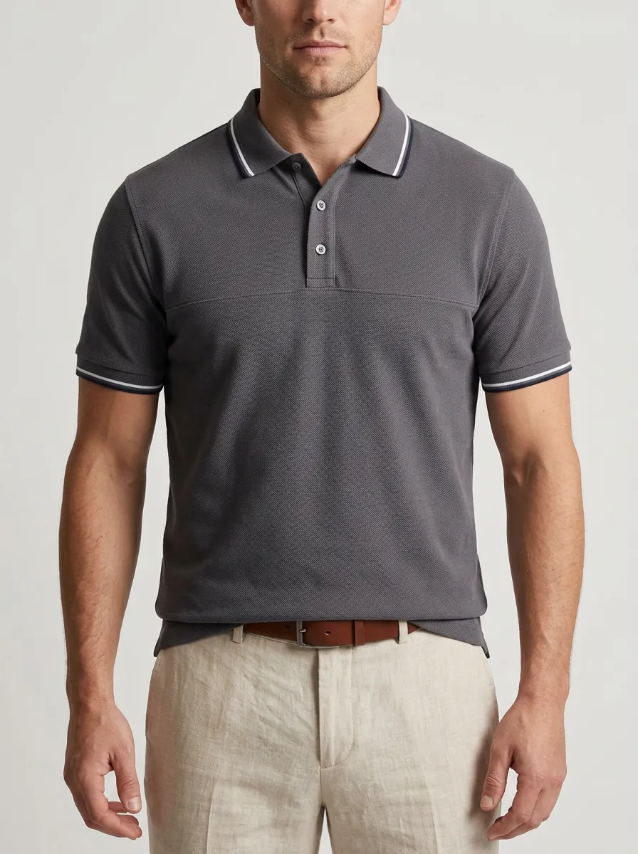 Men's Casual Grey Tipped Collar Cotton Polo Shirt