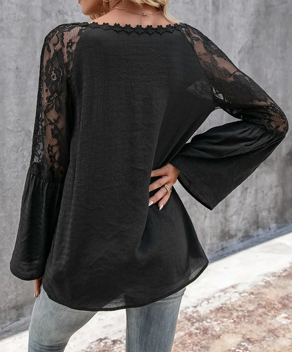 V-Neck Spliced Lace Flare Sleeve Top